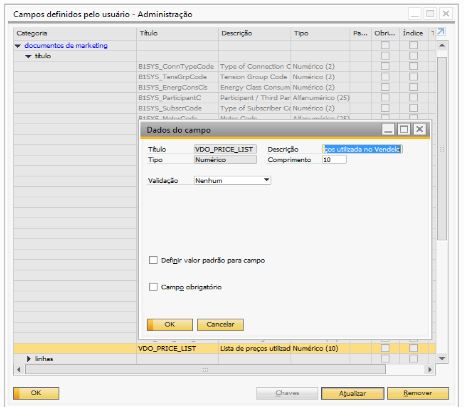 Tela do SAP Business One mostrando o campo VDO_PRICE_LIST criado em um documento