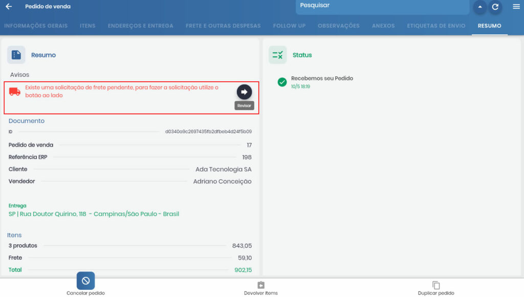 Alerta de pendência de etiqueta no pedido aberto