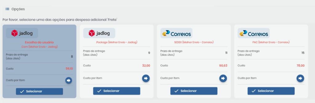 Lista de opções de envio com seleção marcada