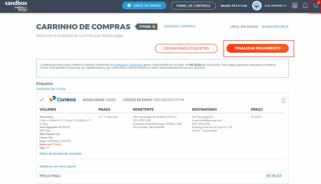 Carrinho de compras do Melhor Envio com etiquetas