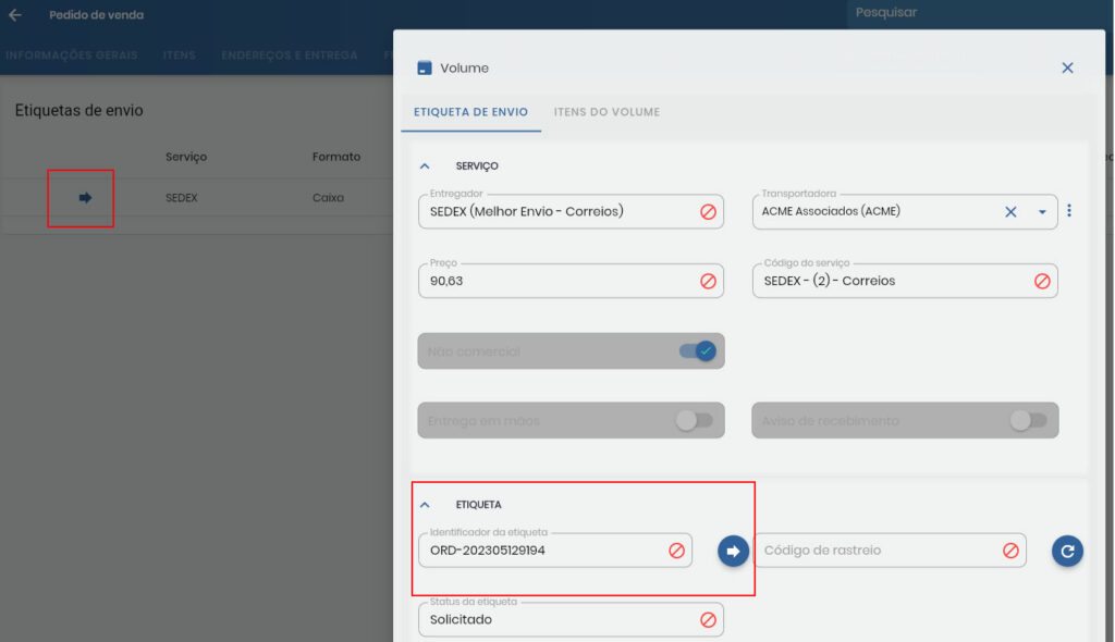 Identificador de etiqueta gerado no pedido