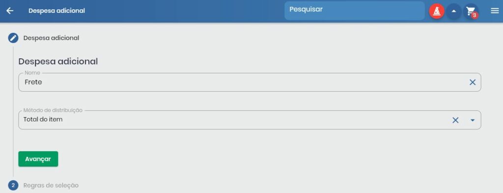 Guia de regras de seleção com botão adicionar