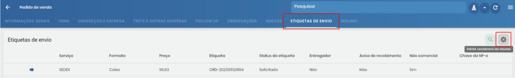 Guia etiquetas de envio com botão de cancelamento