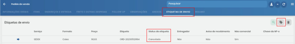 Status atualizado da etiqueta cancelada