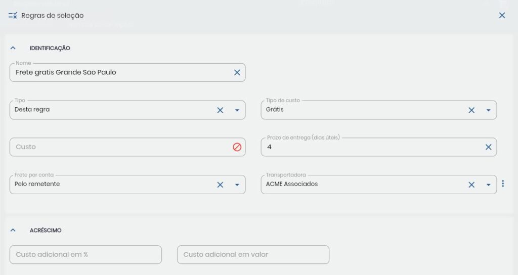 Formulário completo de regra de frete com campos específicos