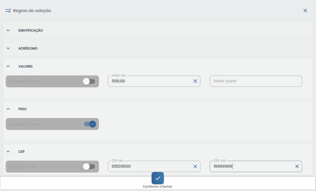Configuração de critérios de seleção por valores, peso e CEP