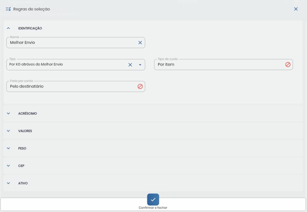 Formulário de configuração de regra do Melhor Envio