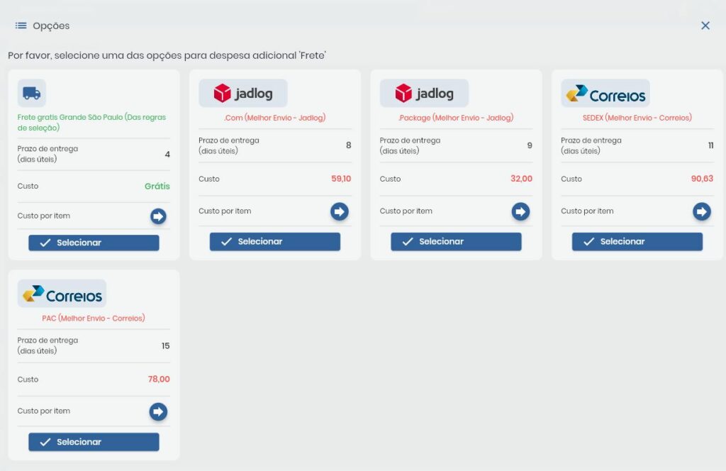 Lista de opções de frete do Melhor Envio durante criação de pedido