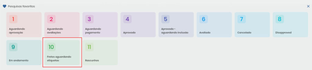 Lista de pesquisas favoritas com item fretes aguardando etiquetas