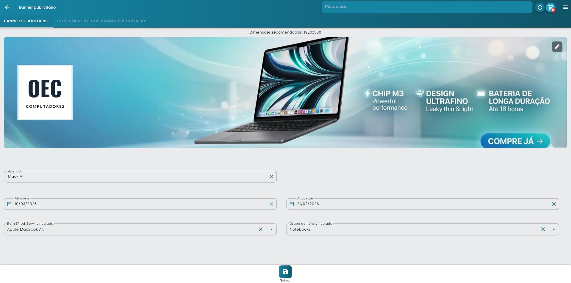 Formulário de criação de banner com campo de apelido e área para upload de imagem
