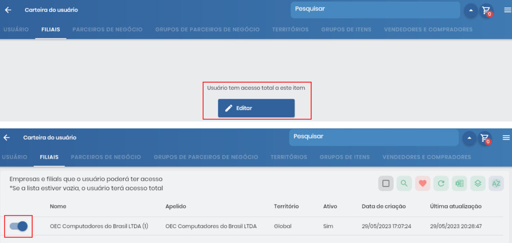 Tela de seleção de filiais com lista de unidades disponíveis para seleção