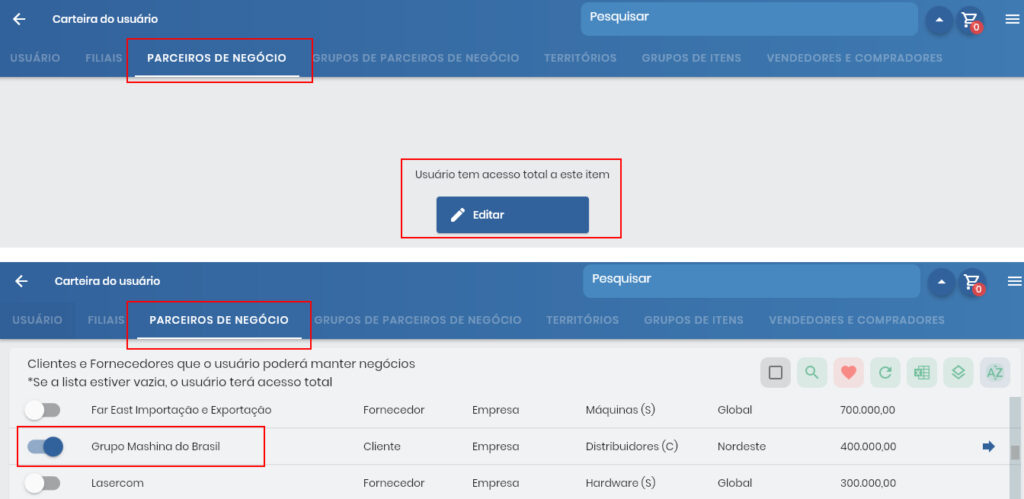 Lista de parceiros de negócio com empresa Grupo Mashina do Brasil selecionada