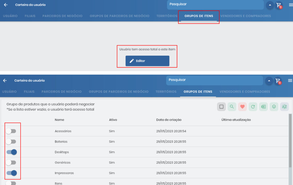 Interface de seleção de grupos de produtos com várias categorias disponíveis
