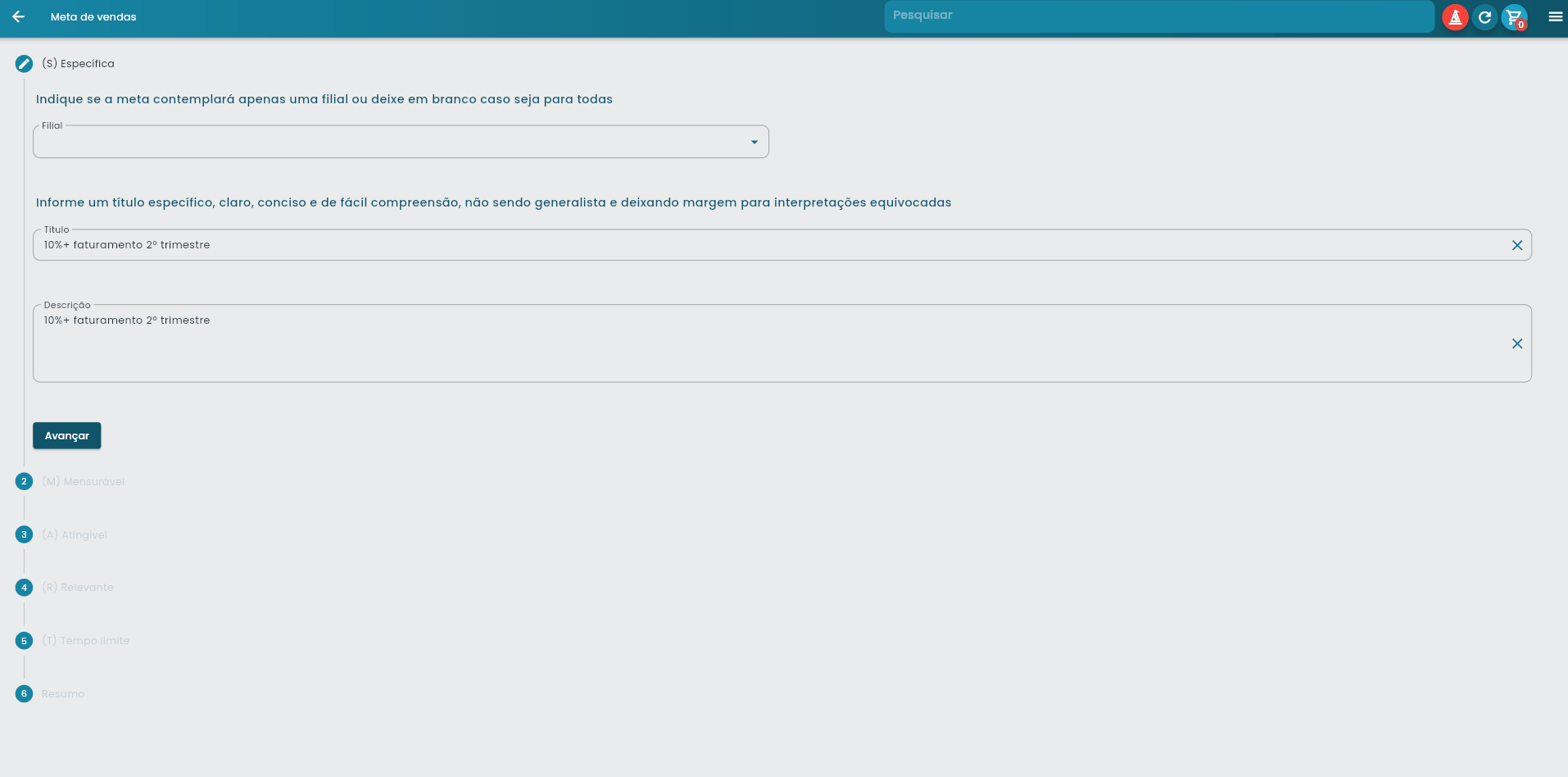 Animação mostrando o processo completo de configuração de uma meta através das cinco abas SMART