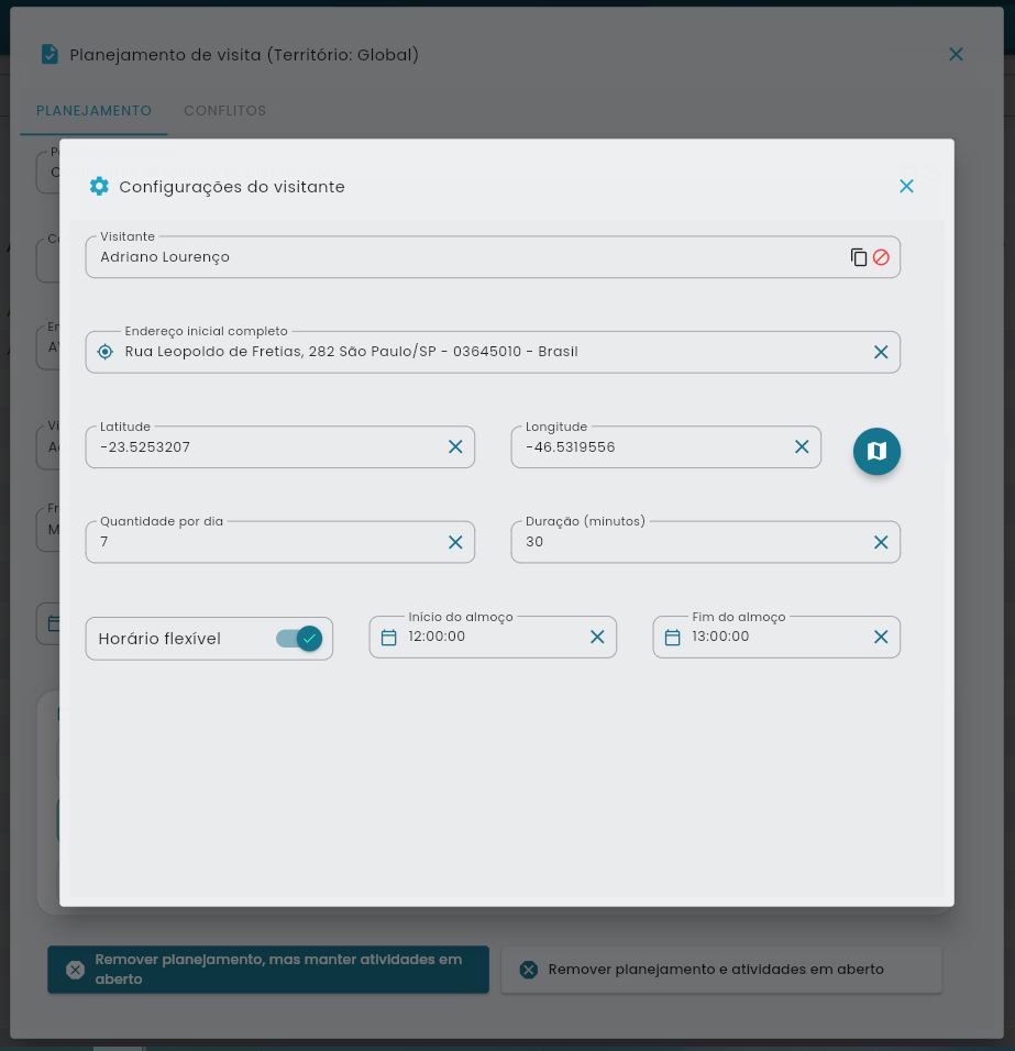 Tela de configurações do vendedor visitante mostrando campos para endereço de partida, coordenadas, horários de trabalho e pausas