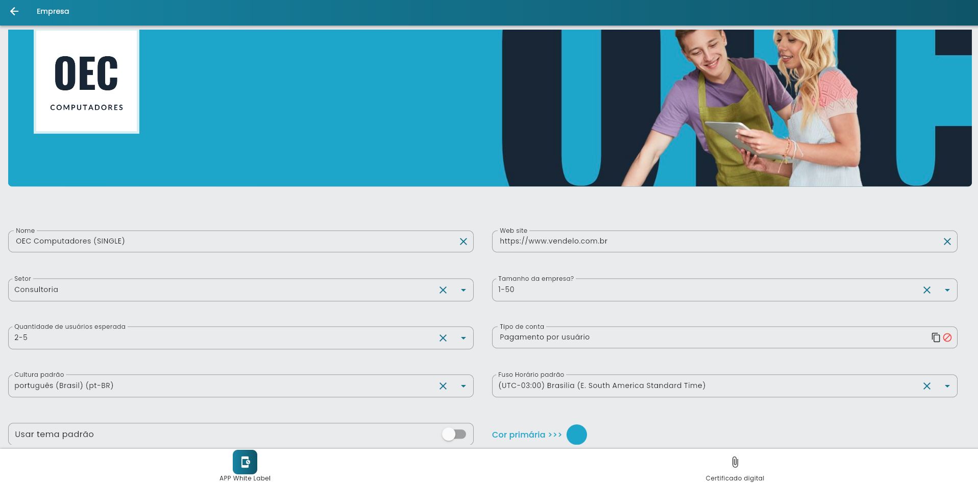 Formulário de configurações da empresa com campos de informações básicas e personalização visual