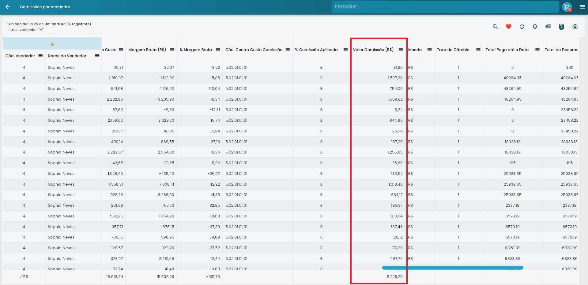 Resultado da consulta de comissões