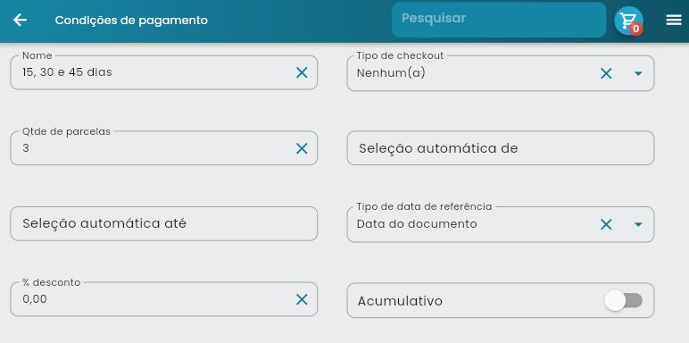 Formulário de edição com campos para nome, tipo de checkout, parcelas, descontos e configurações de seleção automática