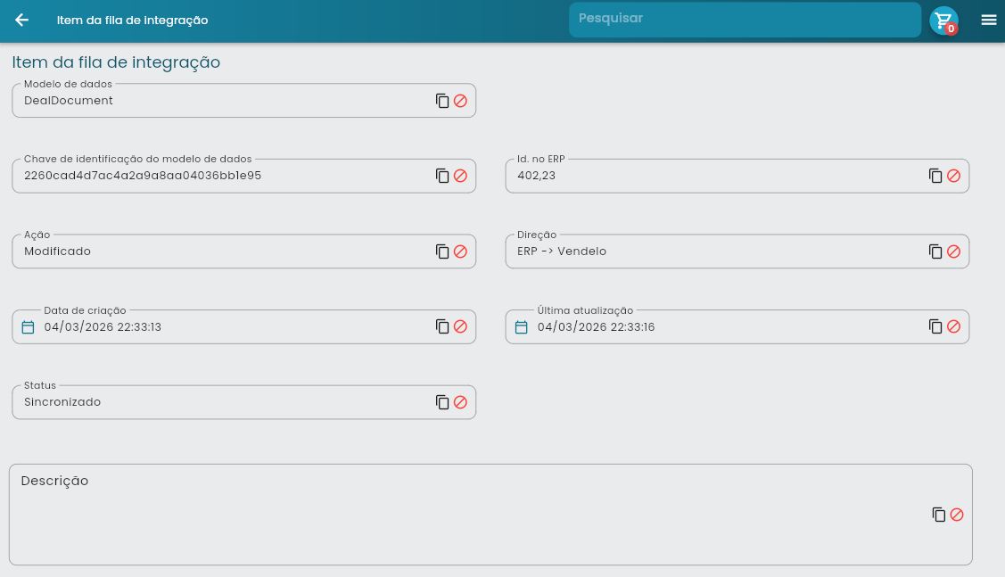 Formulário de edição de item da fila de integração com campos para modelo de dados, IDs, ação, direção, status e descrição