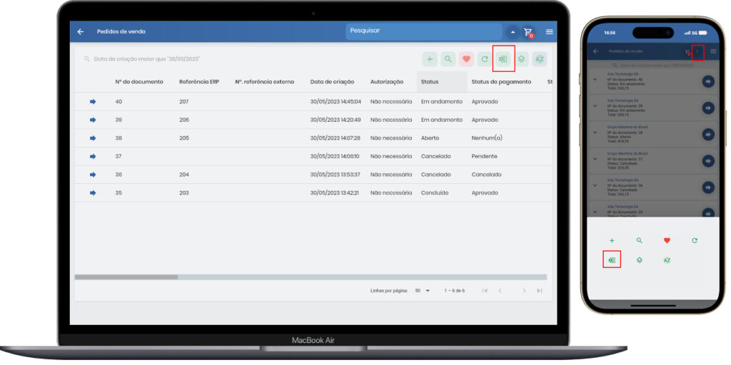 Tela mostrando lista de dados com botão de exportação para Excel destacado