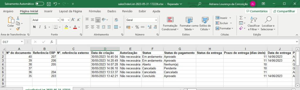 Arquivo Excel aberto mostrando dados exportados organizados em colunas