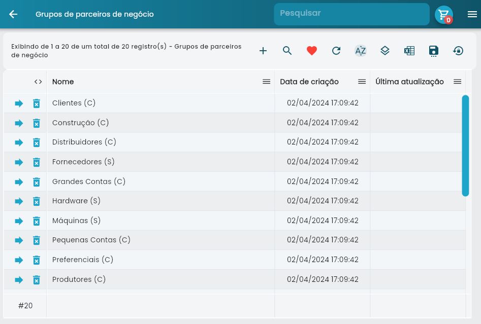 Tela de listagem dos grupos de clientes e fornecedores