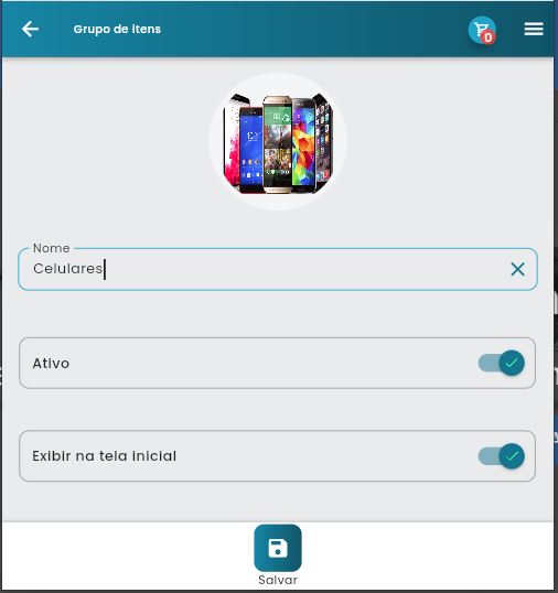 Formulário de edição de grupo de itens mostrando campos para nome, status ativo, exibição na página principal e área para upload de logo