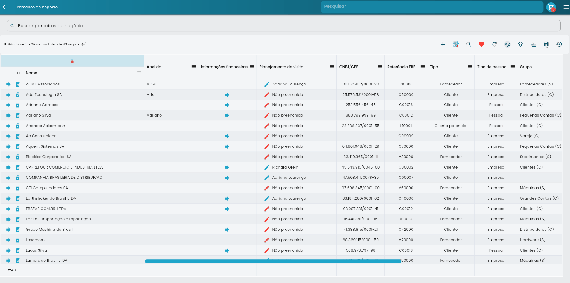Ícone de histórico no canto superior direito da tela de cadastro