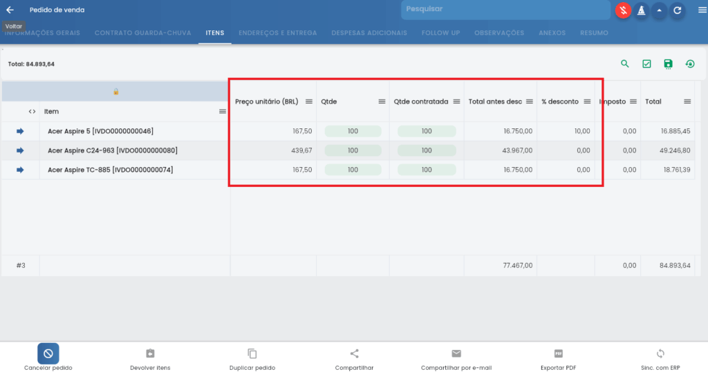Lista de itens configurados no contrato guarda-chuva