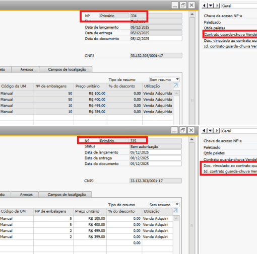 Exemplo do Pedido Filho no SAP Business One