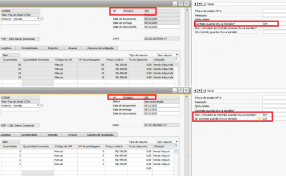 Exemplo do Pedido Filho no SAP Business One