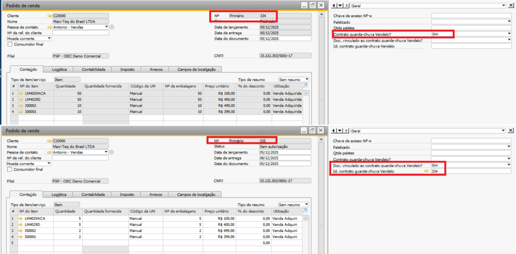 Exemplo de pedido filho no SAP Business One
