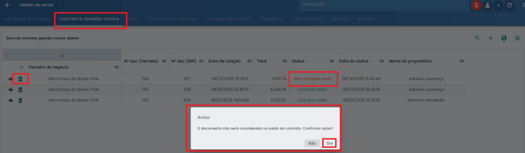 Interface de desvinculação manual de pedido filho