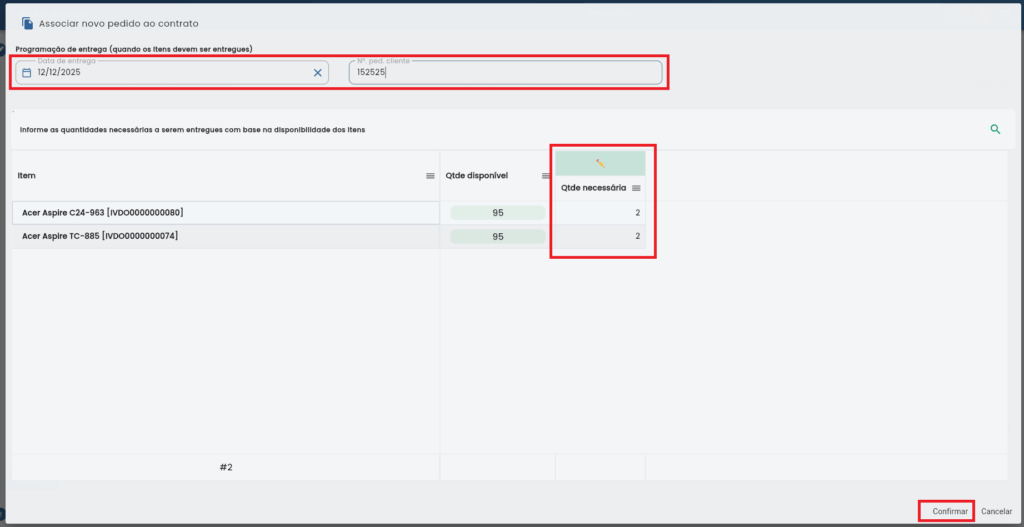 Tela de adição de itens ao pedido filho