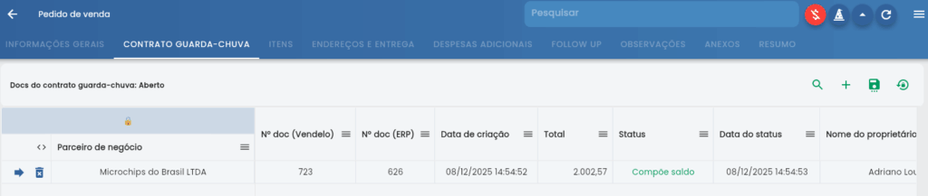 Lista de pedidos filhos vinculados ao contrato