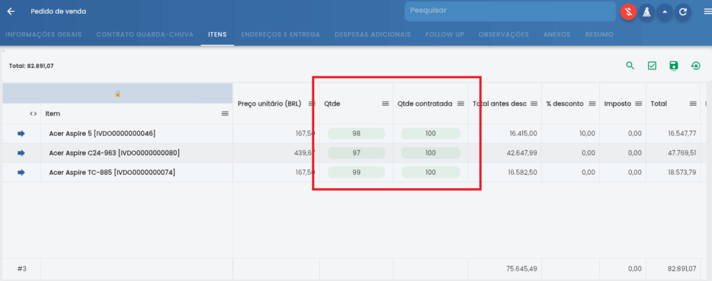 Dashboard de controle de saldos do contrato