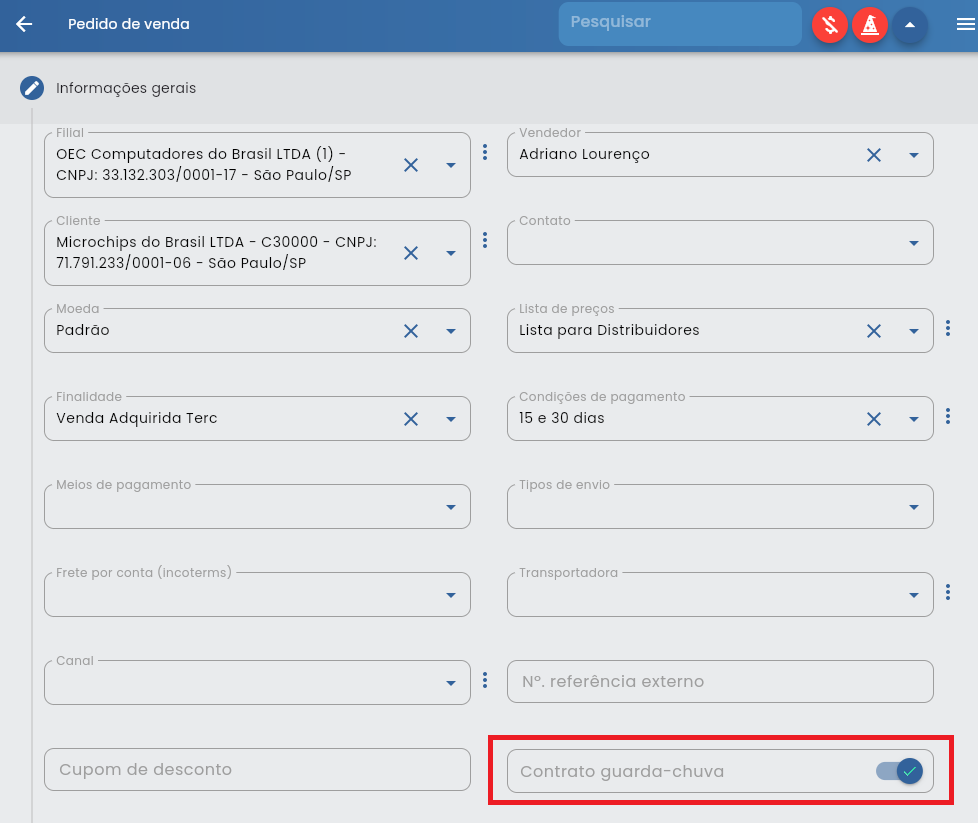 Interface de criação do contrato guarda-chuva no Vendelo