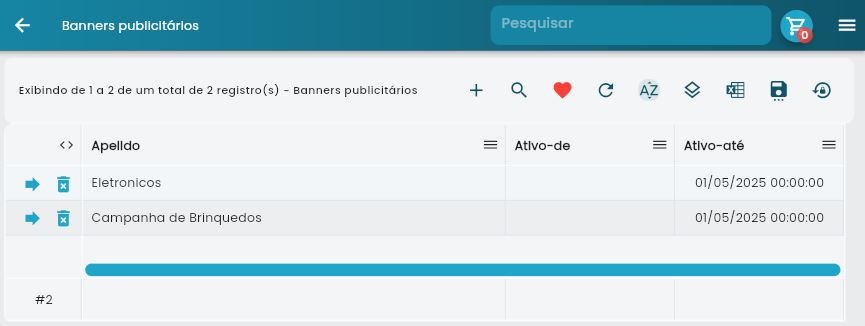 Interface da lista de banners mostrando tabela com colunas de apelido, data de ativação e ações