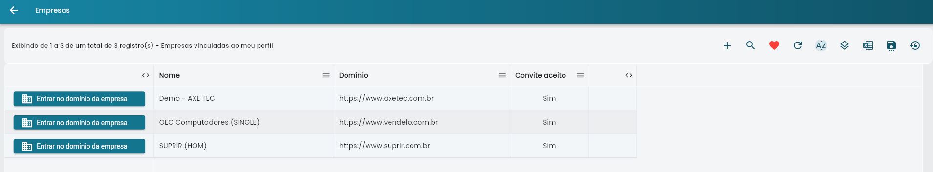 Interface da lista de empresas mostrando nome, domínio e status de convite