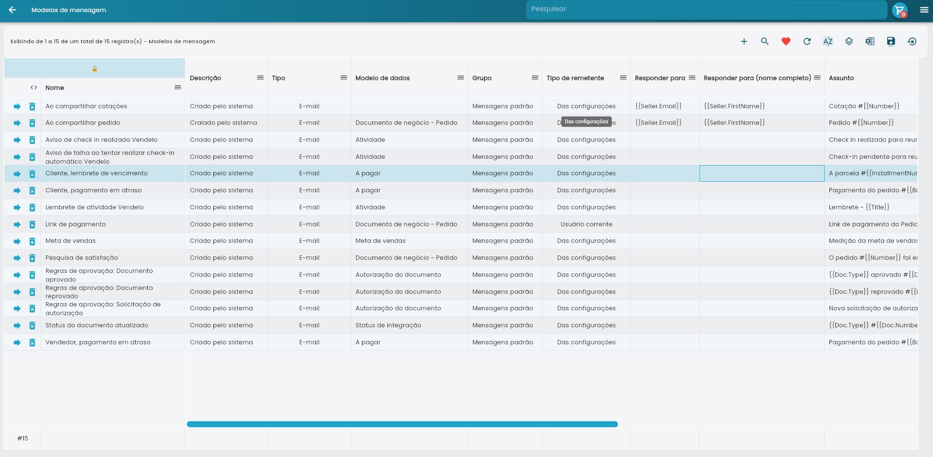 Tela principal com lista de modelos de mensagens em formato de tabela