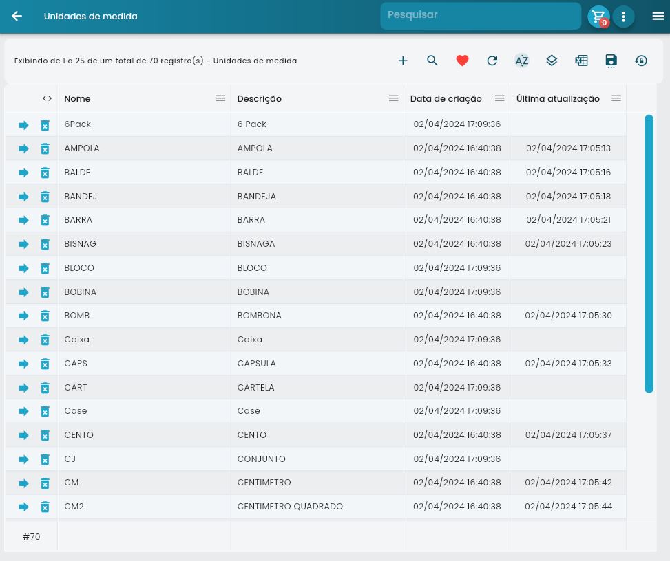 Tela da lista de unidades de medida com colunas de nome, descrição e datas