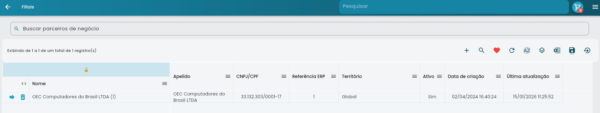 Interface mostrando lista de filiais cadastradas no sistema