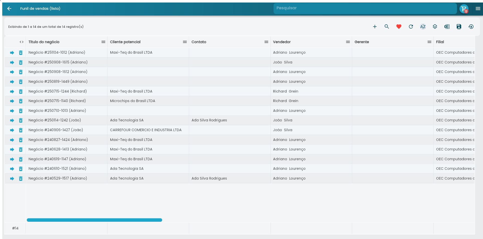 Interface da lista de oportunidades com opções de filtro e botão de exportação para Excel
