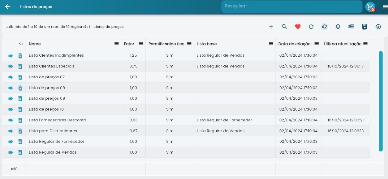 Interface de listagem das listas de preço mostrando colunas para nome, fator, permitir saldo flexível e lista base