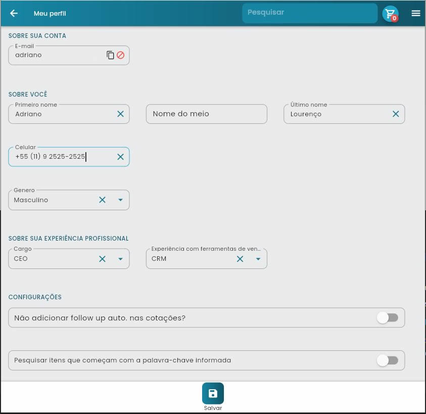 Tela completa do Meu Perfil com formulário de dados pessoais e profissionais