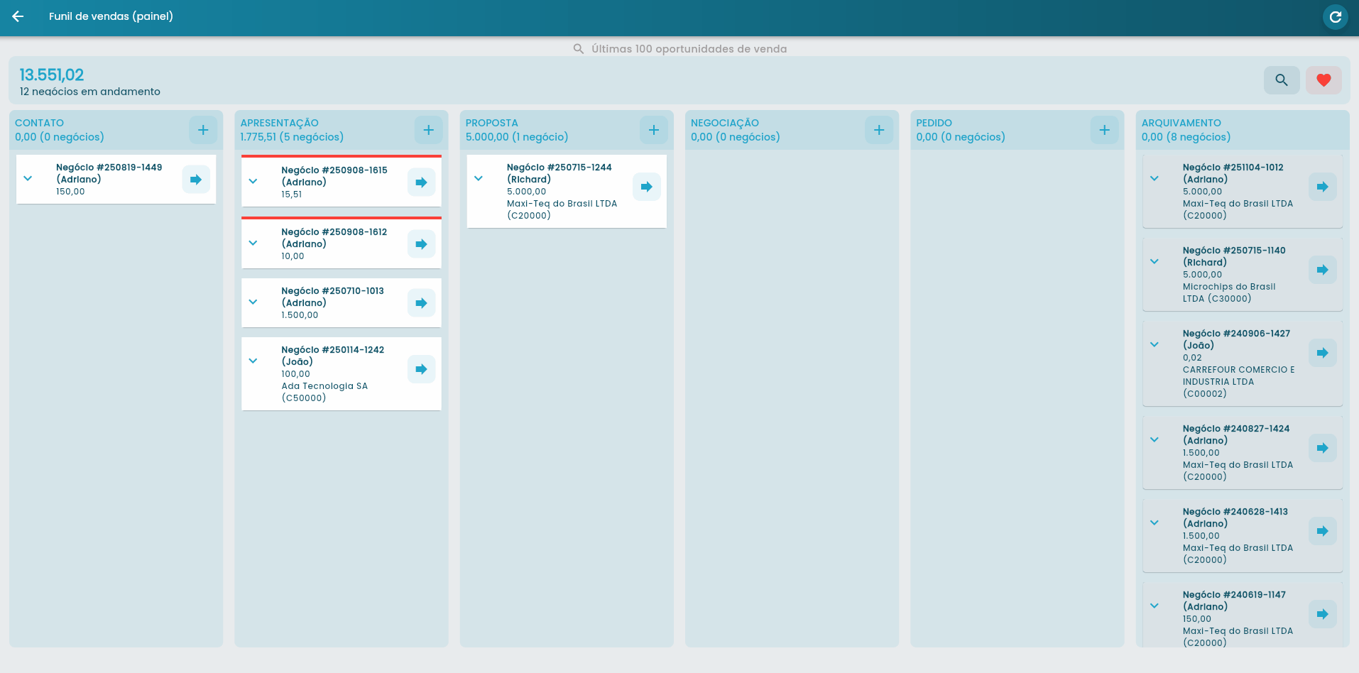 Animação mostrando um negócio sendo arrastado entre colunas do funil