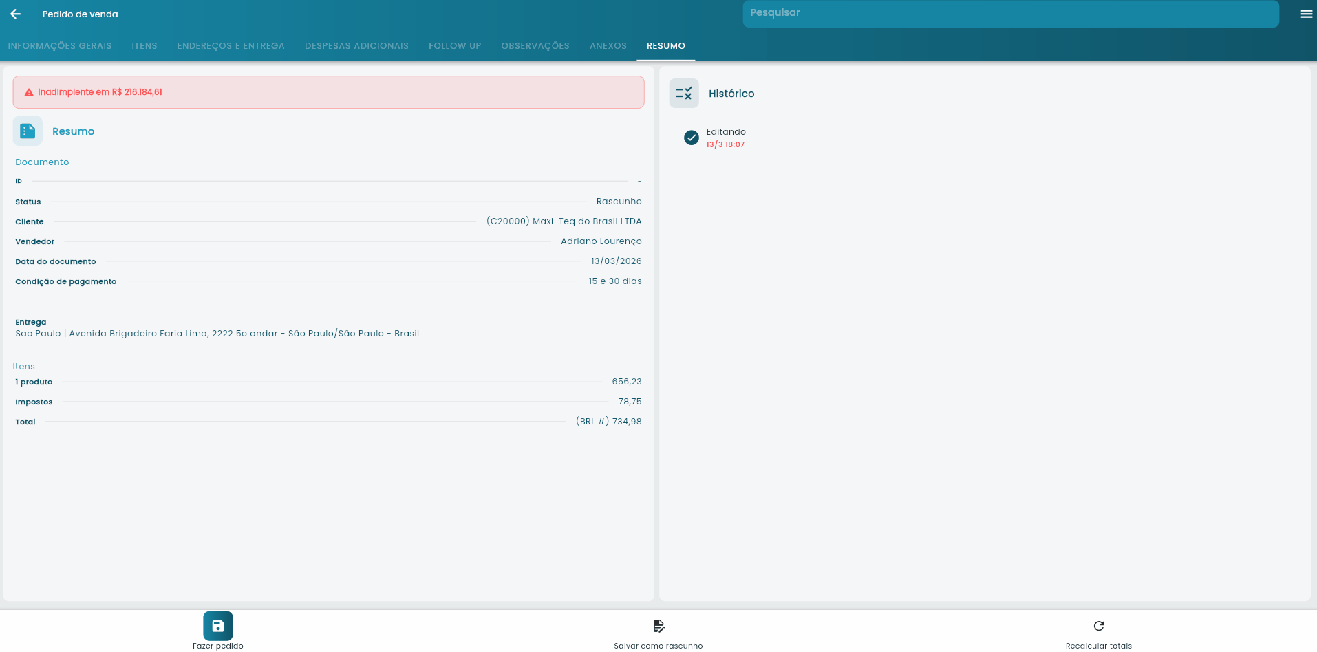 Demonstração de pedido aguardando autorização