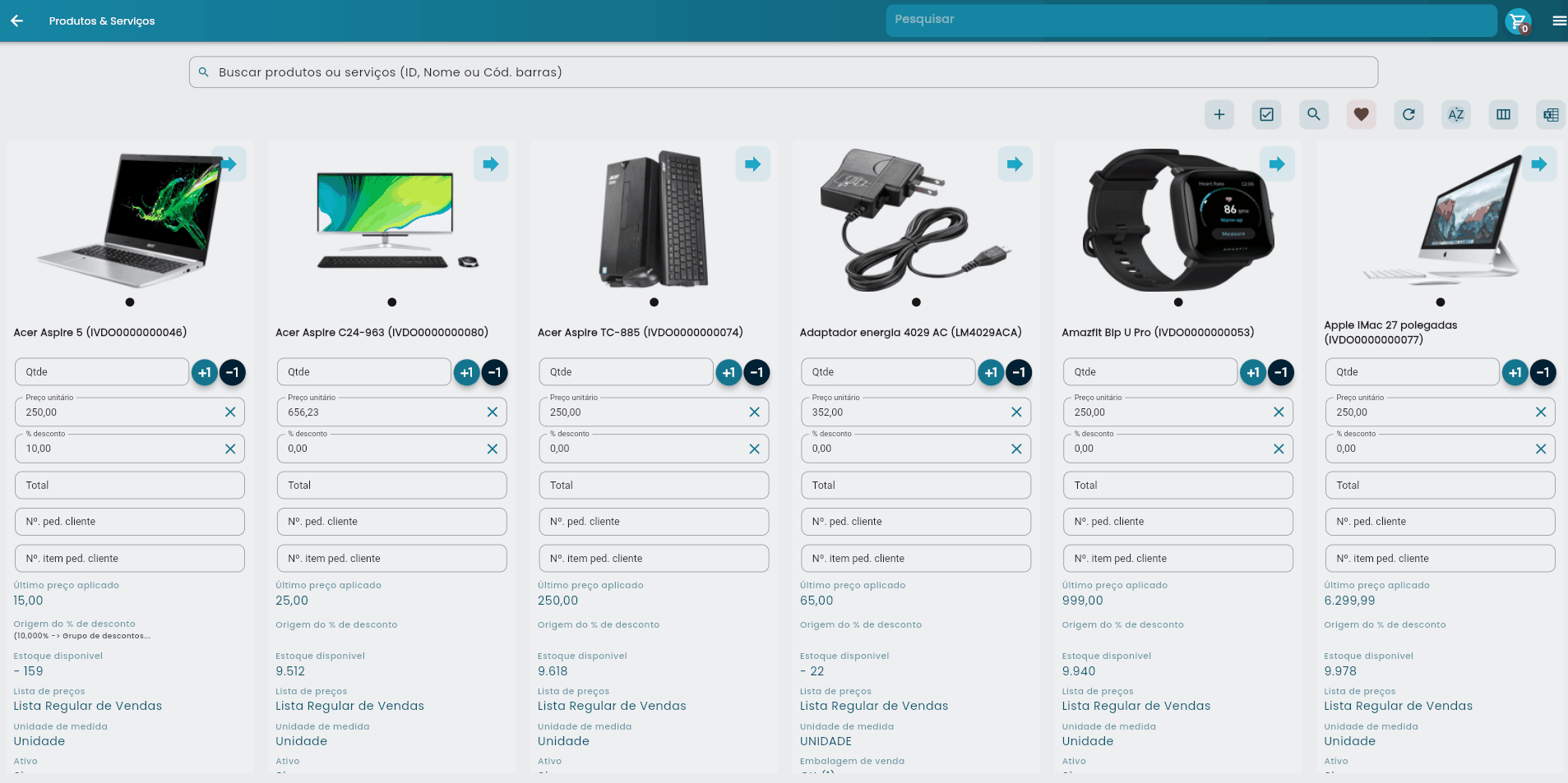 Processo completo de cadastro e edição de características de produtos