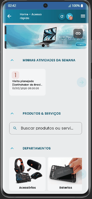 Interface mobile da seção Produtos e Serviços mostrando lista de itens com preços e opções de quantidade
