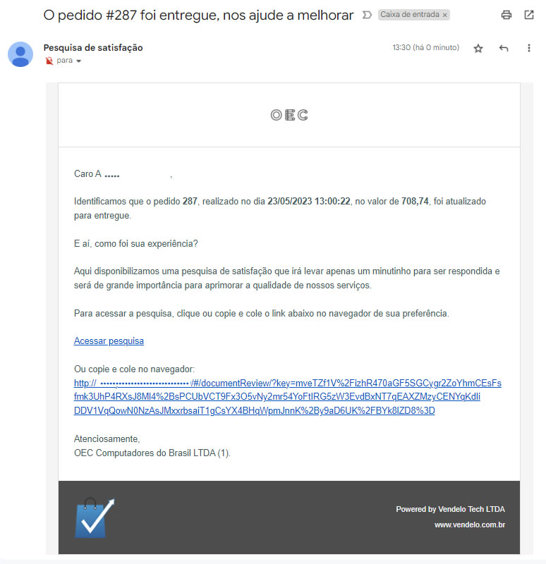 Exemplo de email de convite para avaliação enviado aos clientes